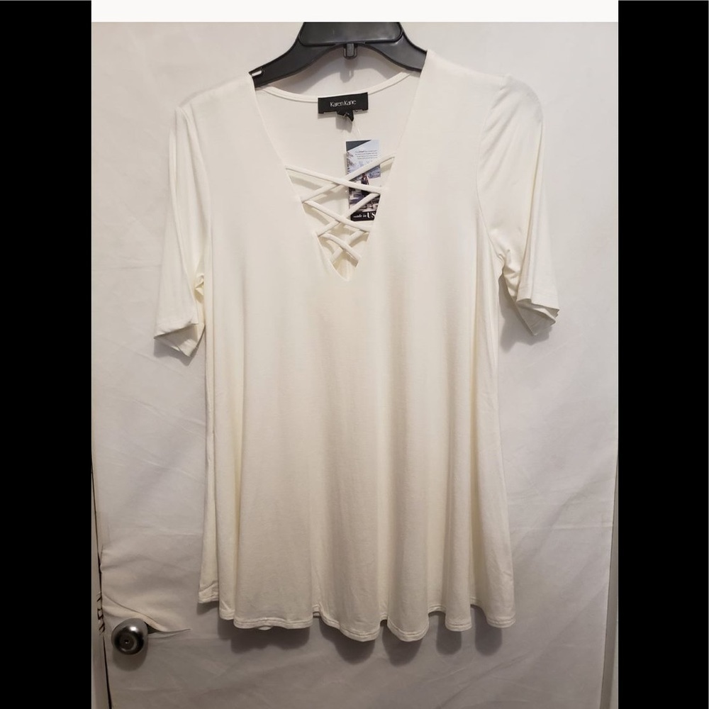 Karen Kane Cream Cross Cross Swing Tee Shirt(Bonus Jewelry Included ‼️‼️)